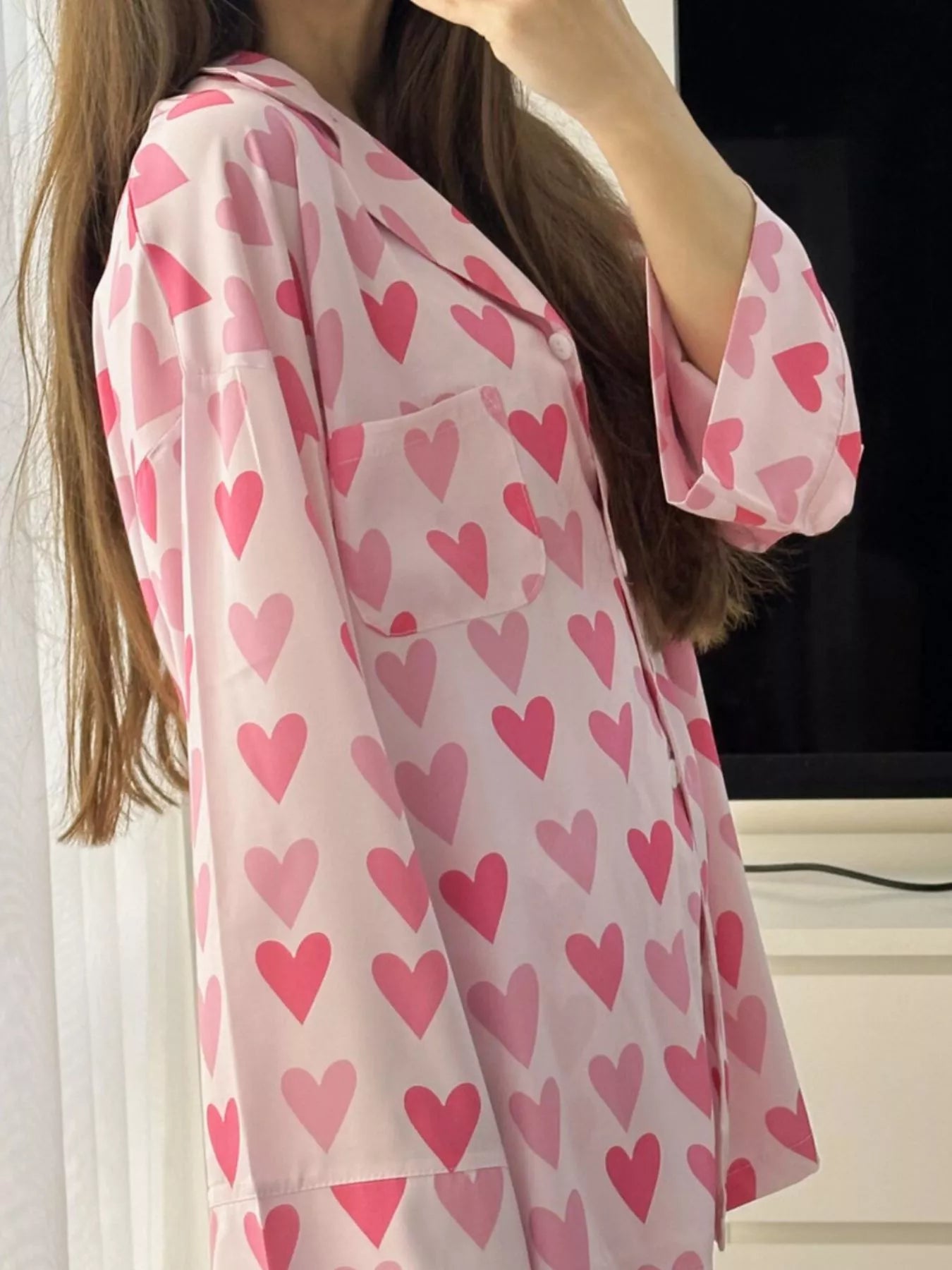 Heart Print Button Up Top and Pants Lounge Set