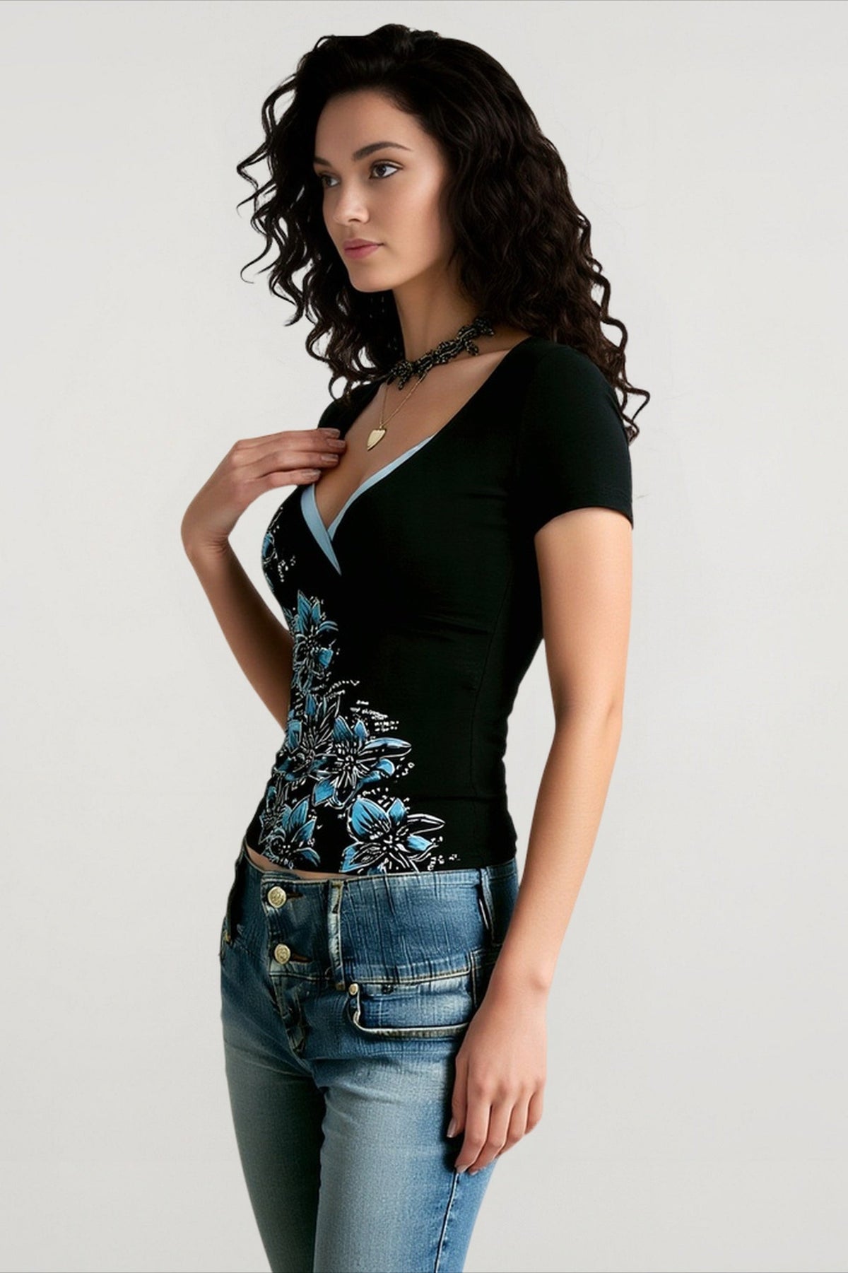 Floral Print Contrast Trim Surplice V-Neck Short Sleeve Top 3