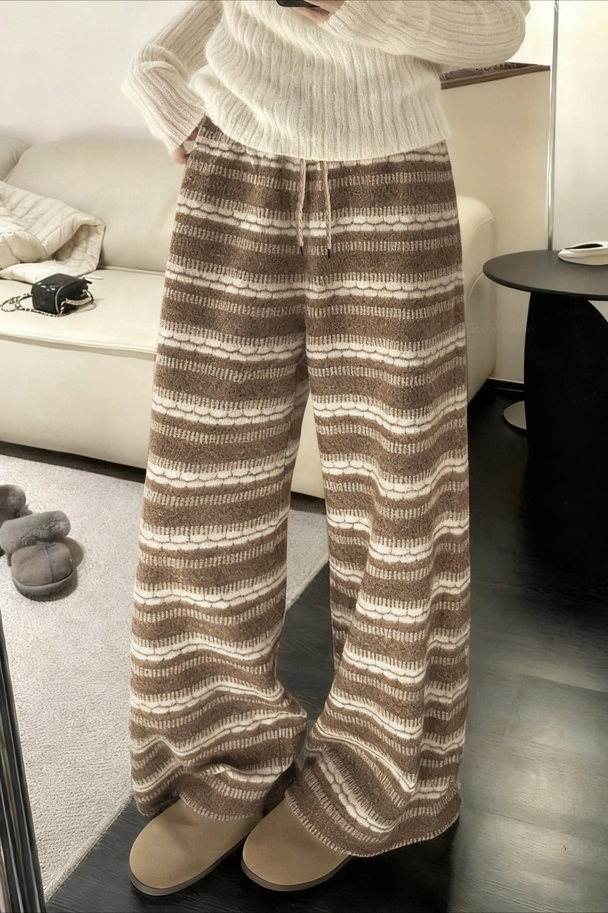 Striped Textured Knit Drawstring Waist Wide Leg Pants 3