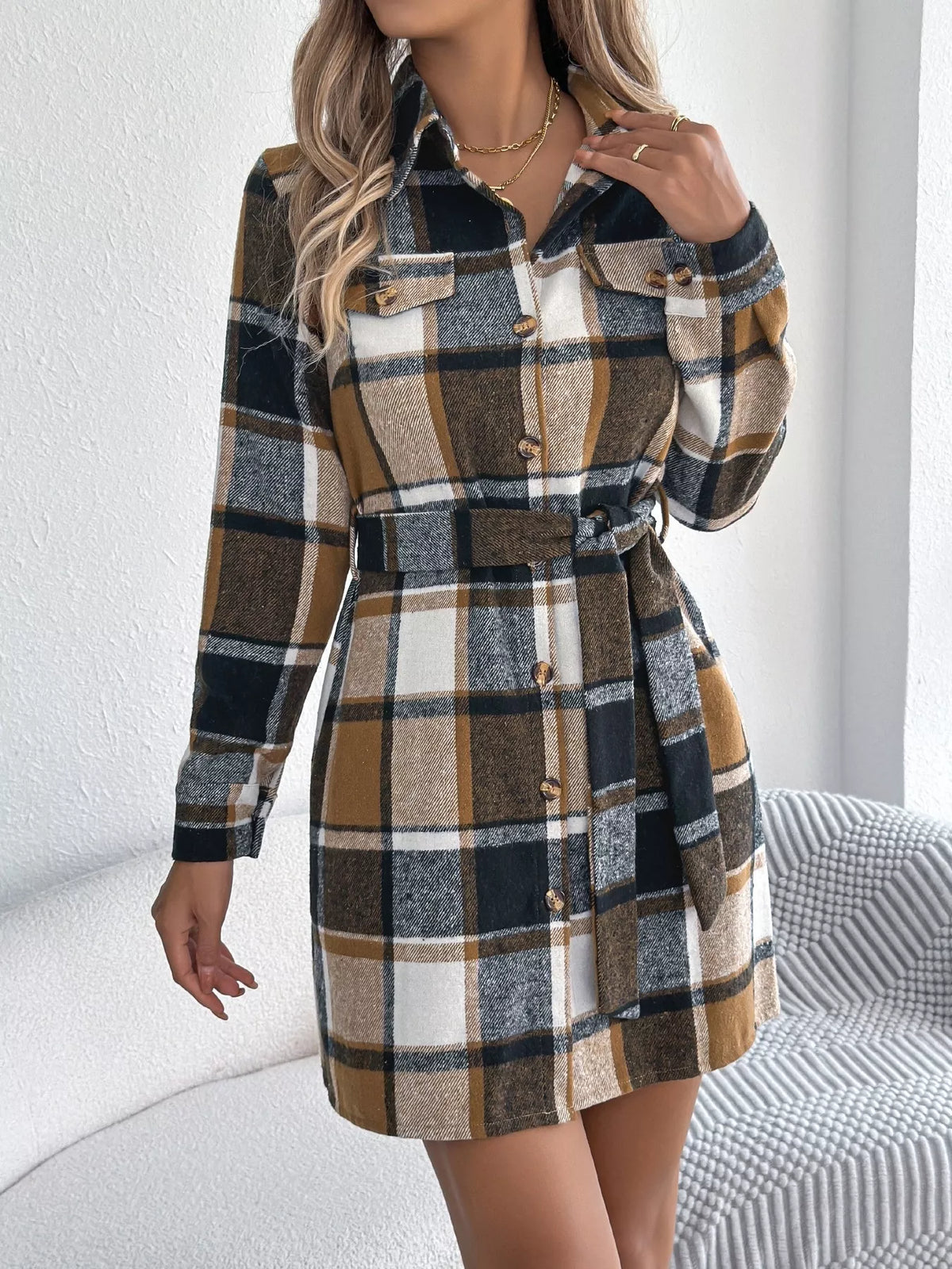 Plaid Button Front Tie Waist Shirt Dress