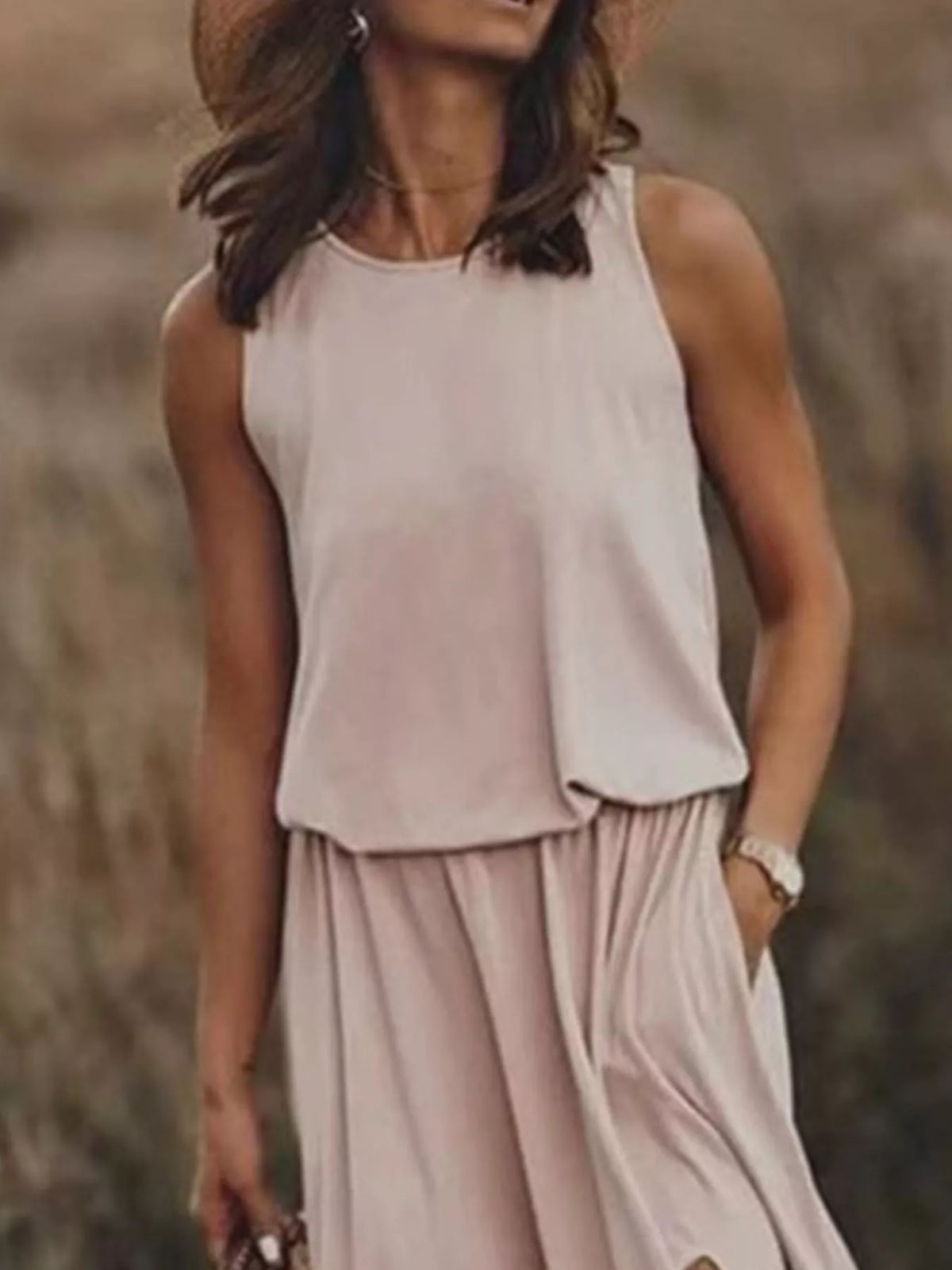 Round Neck Sleeveless Slit Maxi Dress