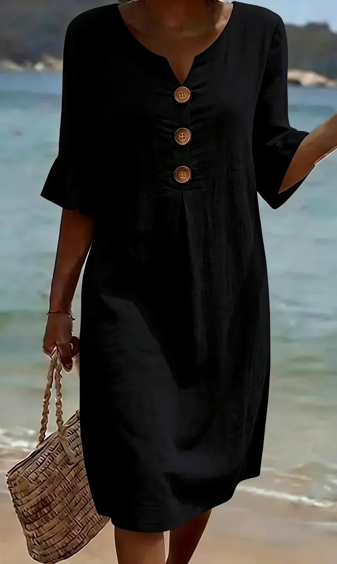 V-Neck Button Front Ruffle Sleeve Midi Dress