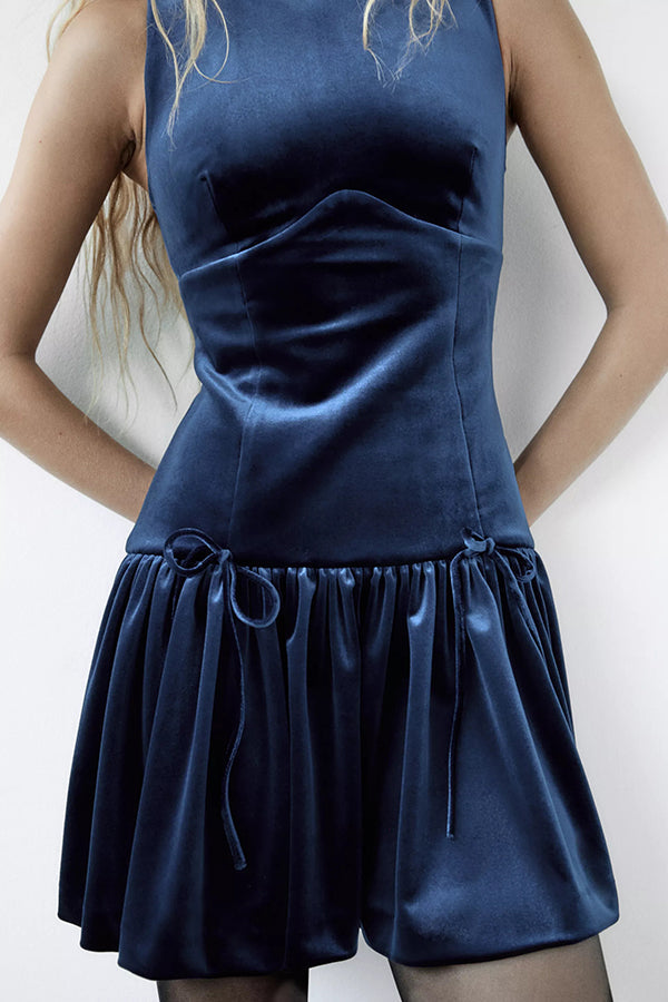 Solid Velvet Bow Embellished Sleeveless Mini Dress - View 7