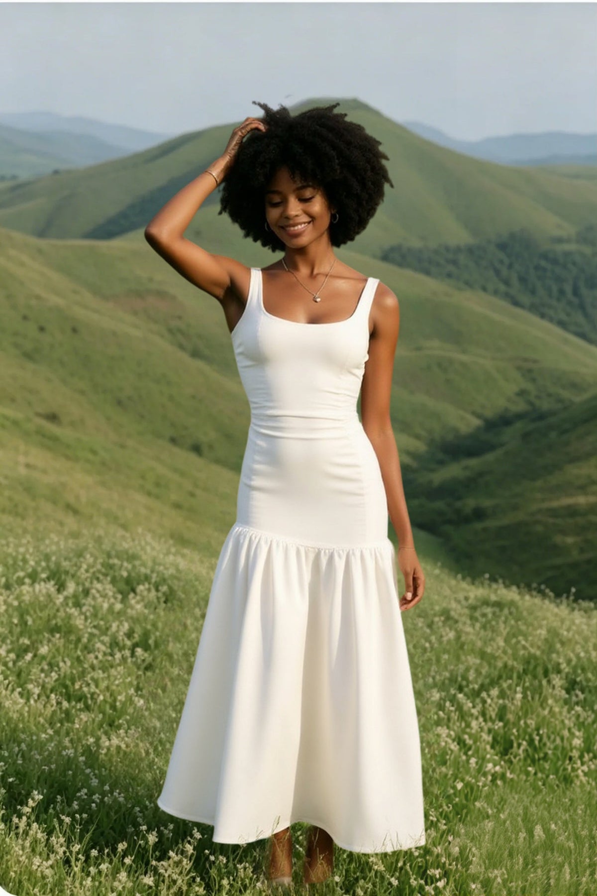 Sleeveless Square Neck Drop Waist Gathered Hem Midi Dress