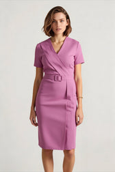 V-Neck Waistband Short Sleeve Solid Pencil Office Dress