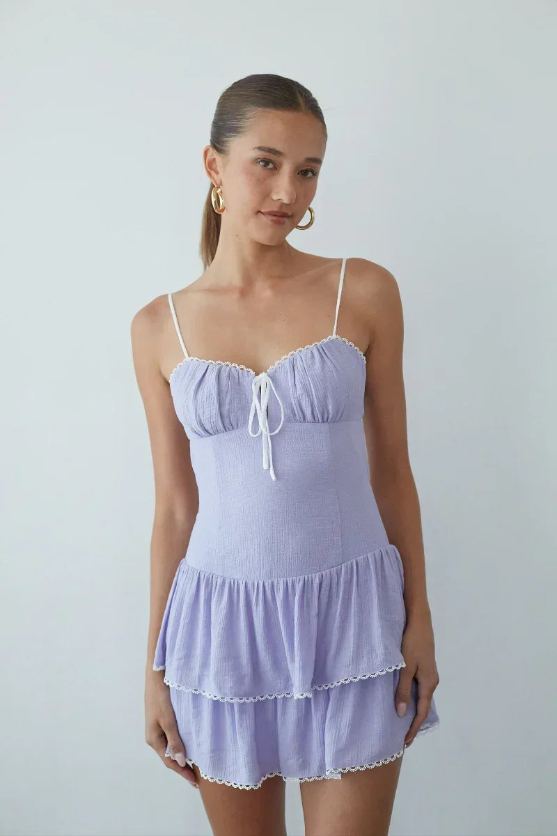 Ruched Bust Tie Front Lace Trim Cami Strap Mini Dress 20
