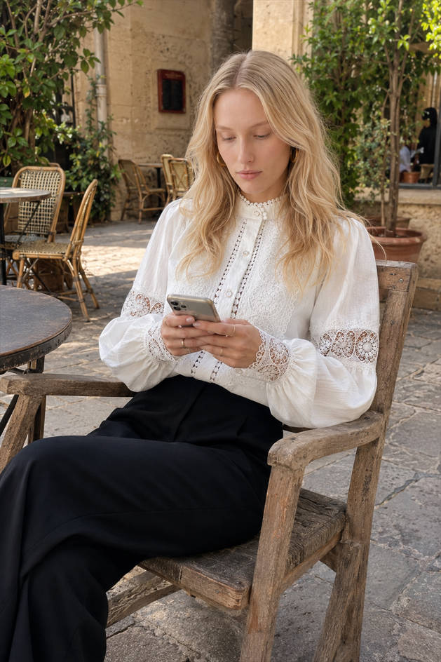 Lace Paneled Lantern Sleeve Blouse