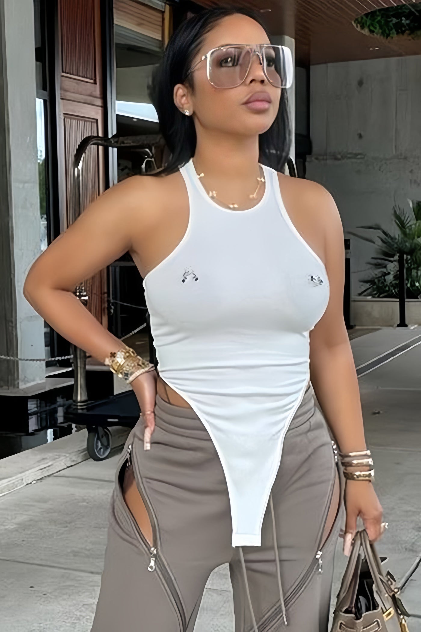 Crew Neck Cutout 3D Embellished Slim Bodysuit