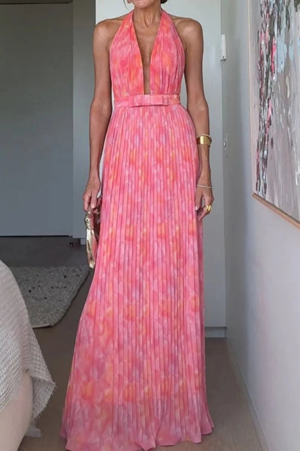 Printed Halter Neck Plunge Bow Waist Pleated Maxi Dress