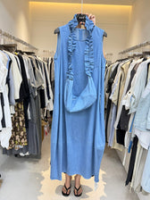 Denim Sleeveless Ruffle Trim A-Line Maxi Dress 22
