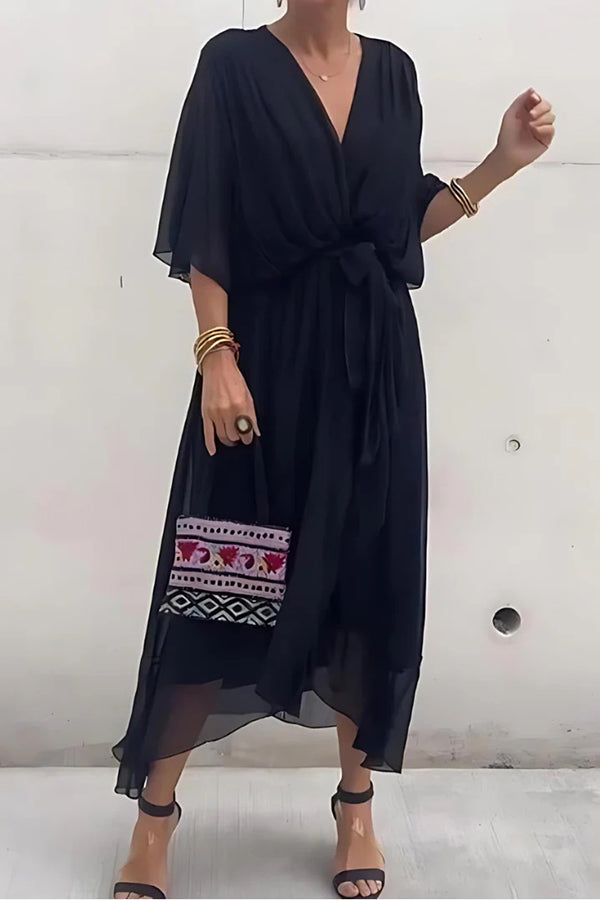 Solid Color V-neck Bat Sleeve Lace-up Irregular Hem Midi Dress - View 8