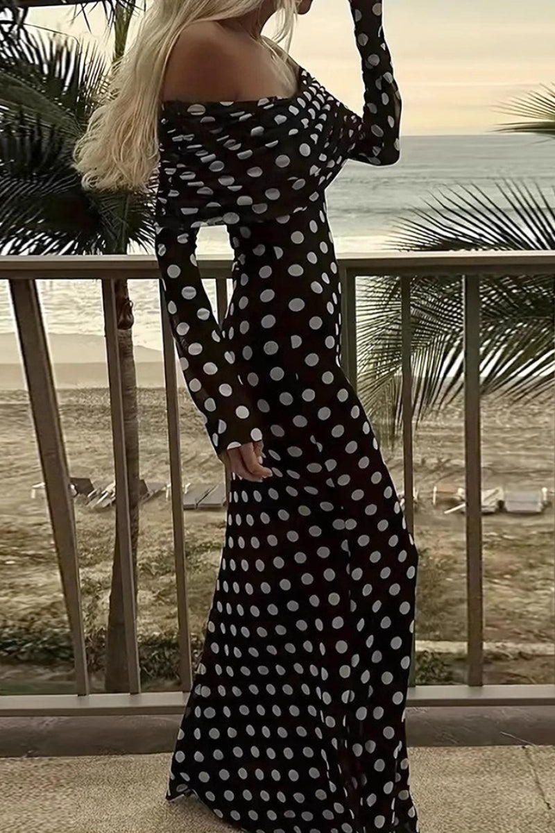Off Shoulder Mesh Polka Dot Maxi Dress 3
