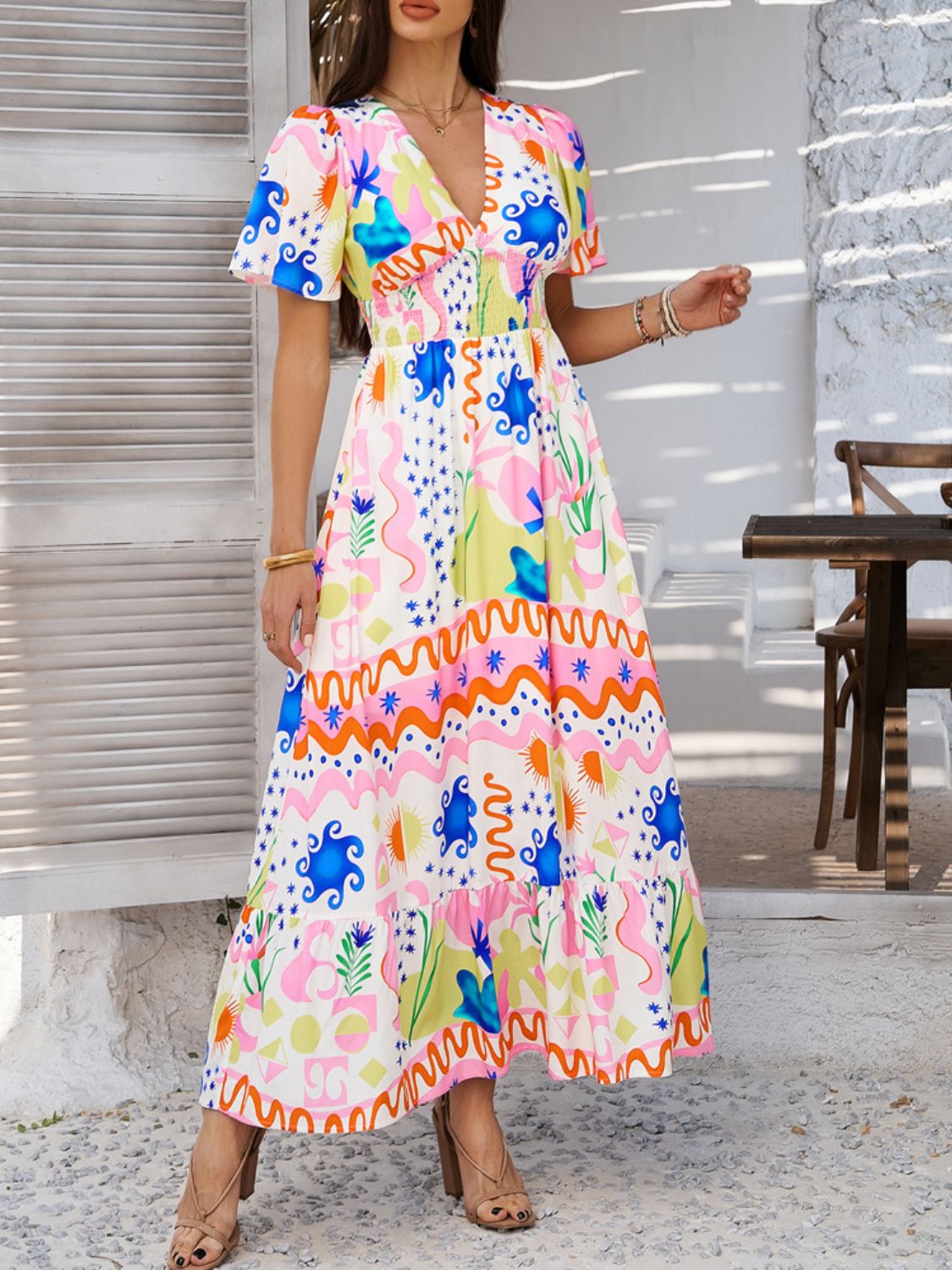 Geometric Tile Print V-Neck Short Sleeve Smocked Waist Ruffle Hem Maxi Dress 6