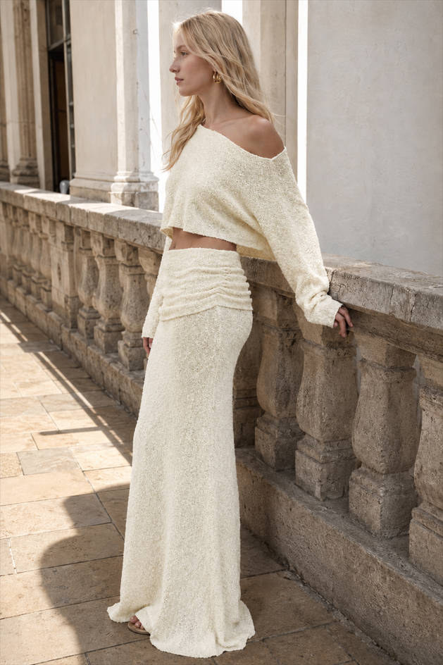Off Shoulder Knit Crop Top and Ruched Maxi Skirt Two Piece Set