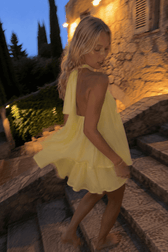 Sexy Backless Halter Tie Waist Slim Fit Ruffled Mini Dress