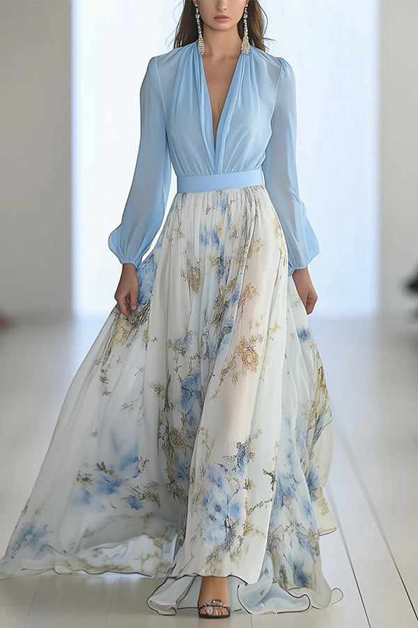 Floral Chiffon Deep V-Neck Bishop Sleeve Maxi Dress