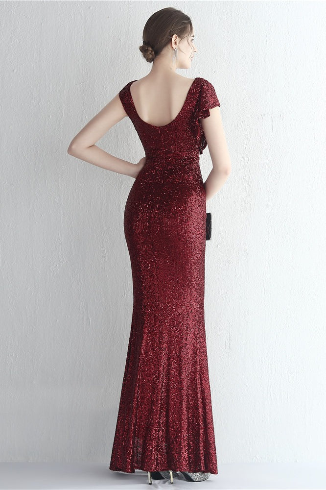Sequin High Neck Cap Sleeve Ruffle High Split Mermaid Gown