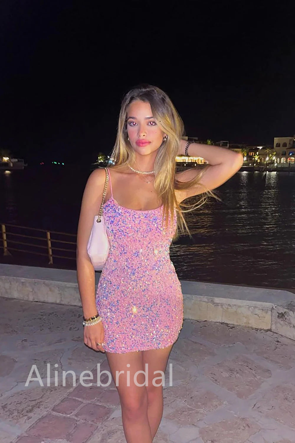 Sequin Scoop Neck Spaghetti Strap Sheath Mini Homecoming Dress 2