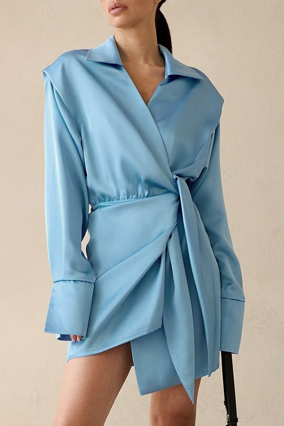 Satin Collared Long Sleeve Wrap Tie Waist Mini Shirt Dress