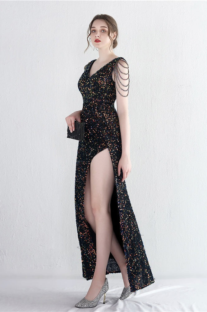 Sequin V-Neck Beaded Fringe High Split Mermaid Gown