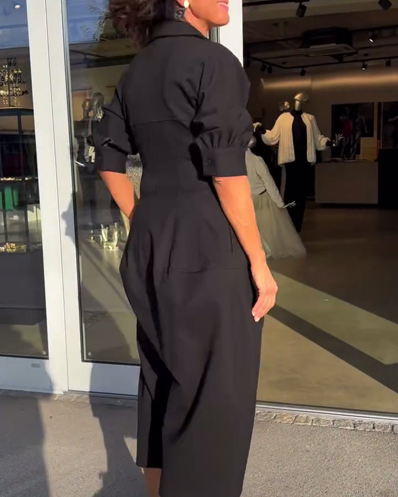 Collared V-Neck Short Sleeve Pocket Cocoon Midi Dress