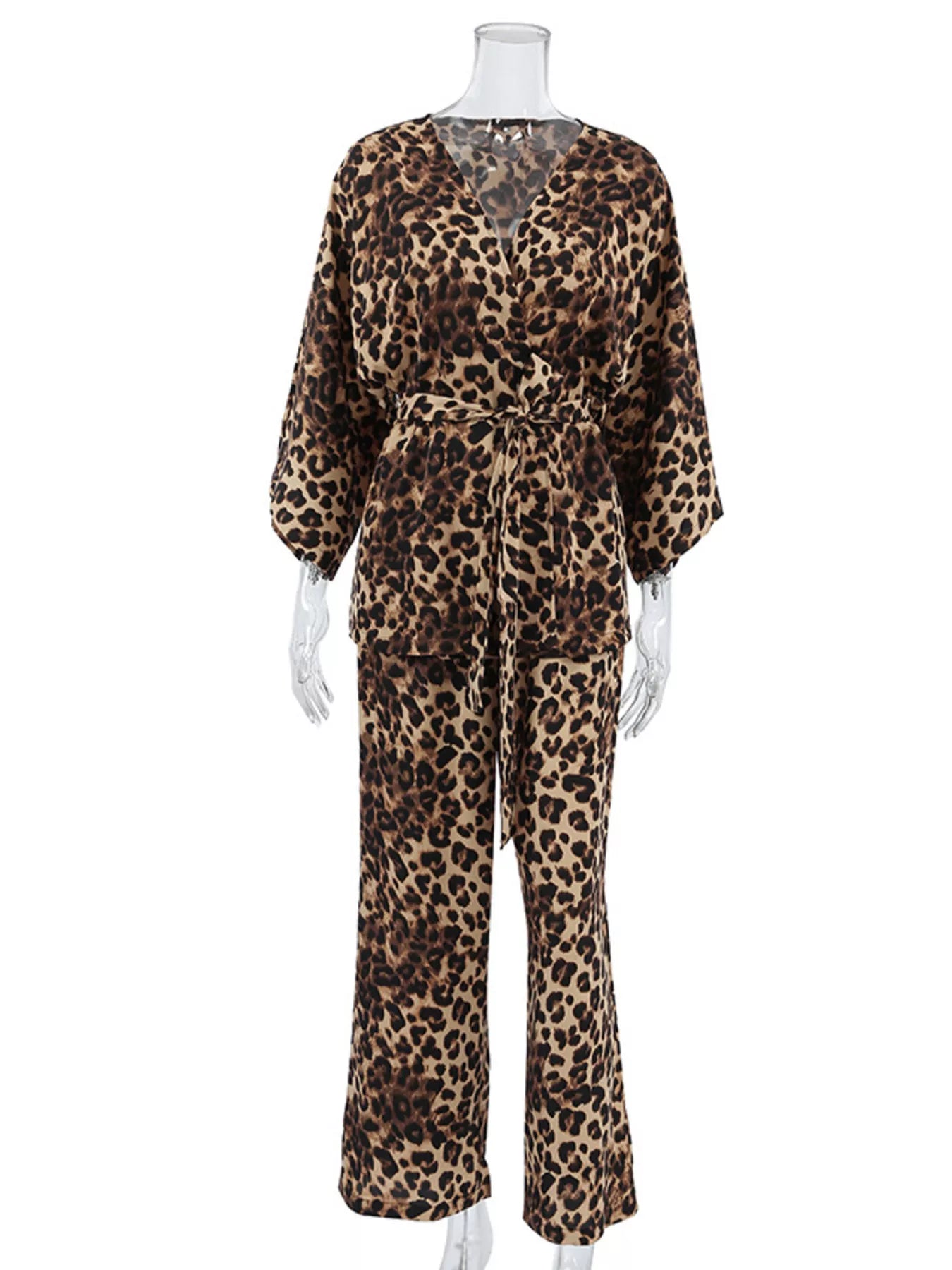 Leopard Cardigan and Wide Leg Pants Lounge Set