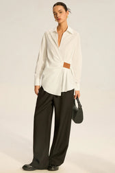 Faux Leather Panel Ruched Collared Slim Versatile Blouse
