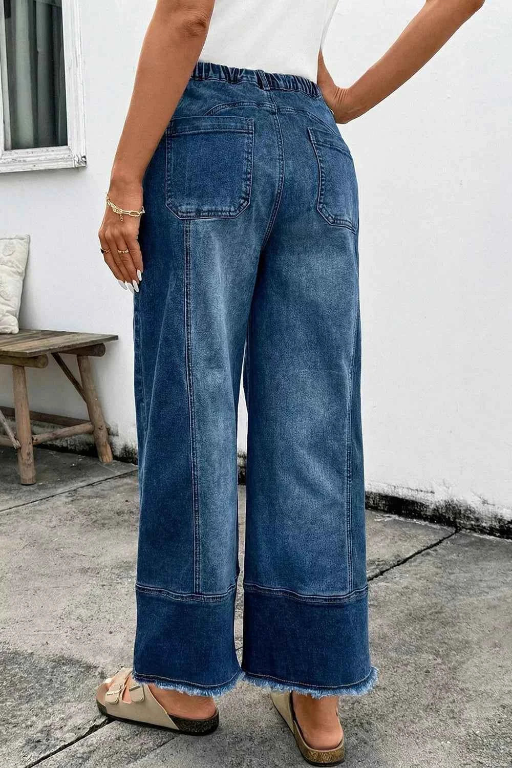 Drawstring Seam Detail Raw Hem Wide Leg Denim Pants