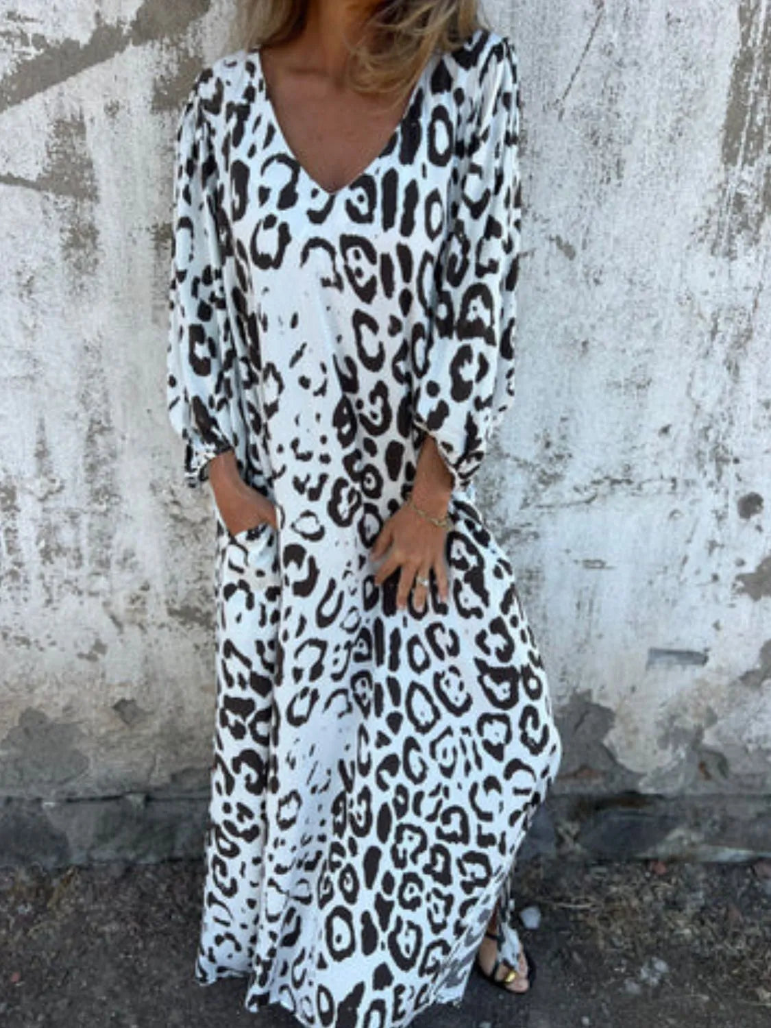 Full Size Printed V-Neck Dress with Pockets Plus Size White
