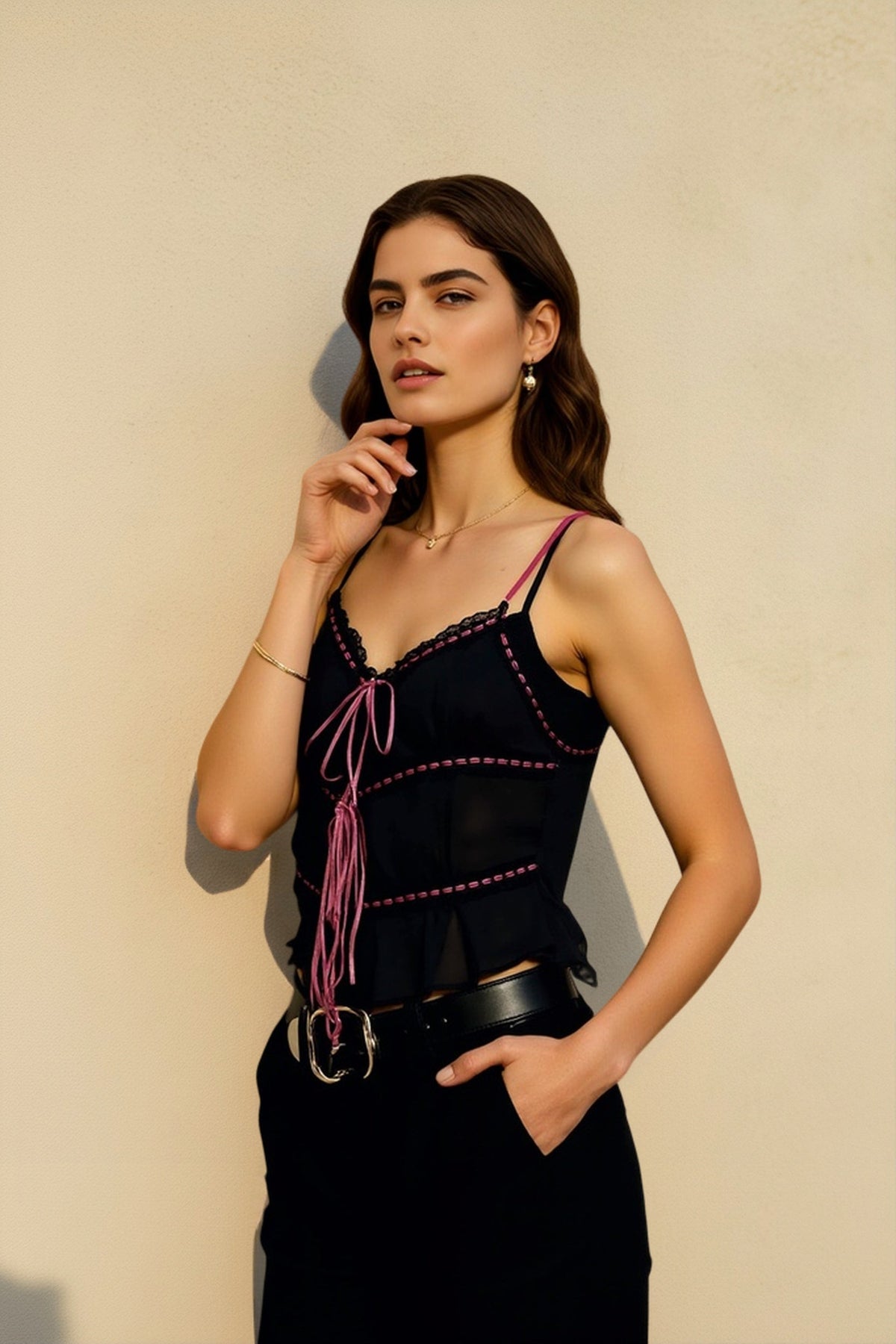Lace Trim Tie Front Ruched Spaghetti Strap Cami Top 6