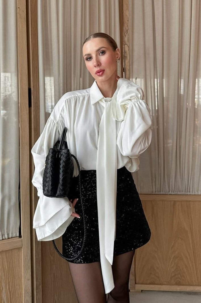 Collared Long Tie Neck Gathered Shoulder Layered Flare Sleeve Blouse 3