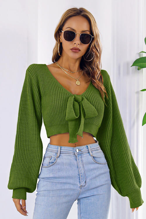 V-Neck Tie Front Lantern Sleeve Ribbed Knit Cropped Sweater 3