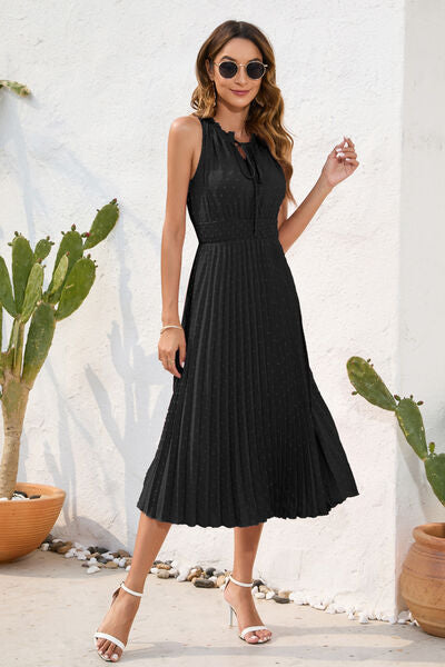 Swiss Dot Tie Neck Sleeveless Dress Black