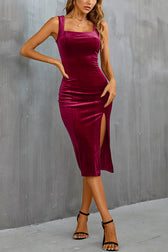 Solid Color Velvet Square Neck Slim Fit Slit Midi Dress - View 16