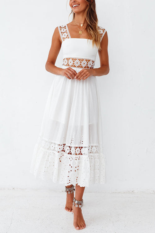 Square Neck Sleeveless Eyelet Lace Crochet Waist Pleated Tiered Ruffle Hem Midi Dress