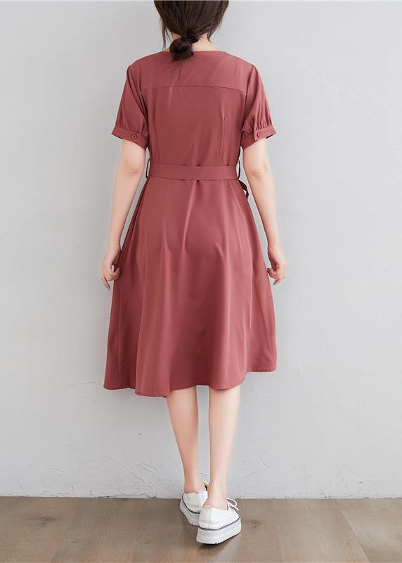 Asymmetric Collar Button Front Pocket Tie Belt Stepped Hem Short Sleeve A-Line Dress