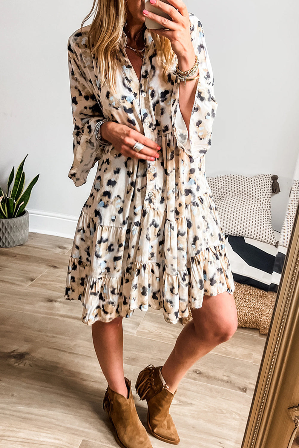 Khaki Leopard Print Buttoned Front 3 4 Sleeve Tiered Ruffled Hem Dress