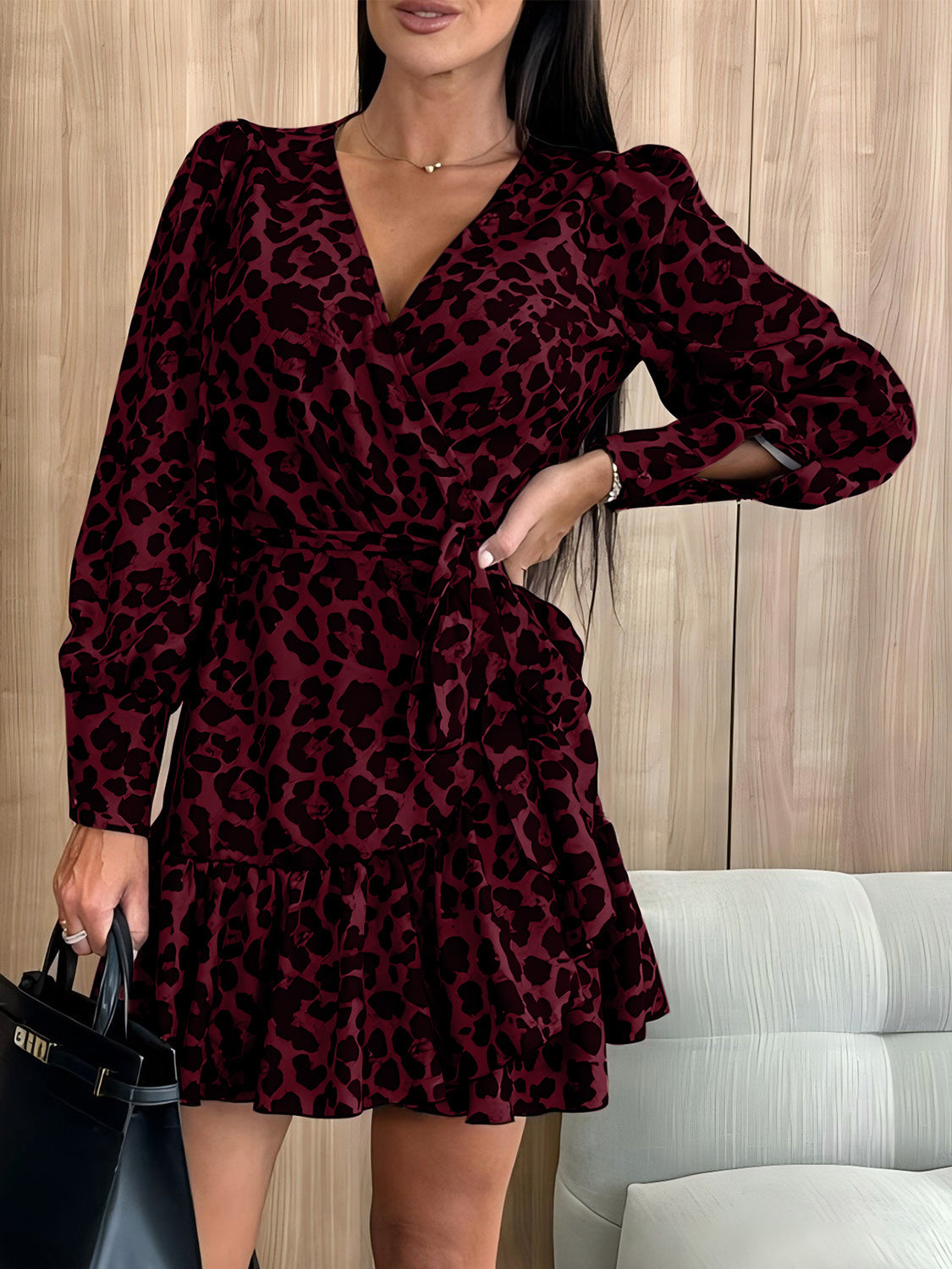 Tied Leopard Surplice Long Sleeve Dress Burgundy