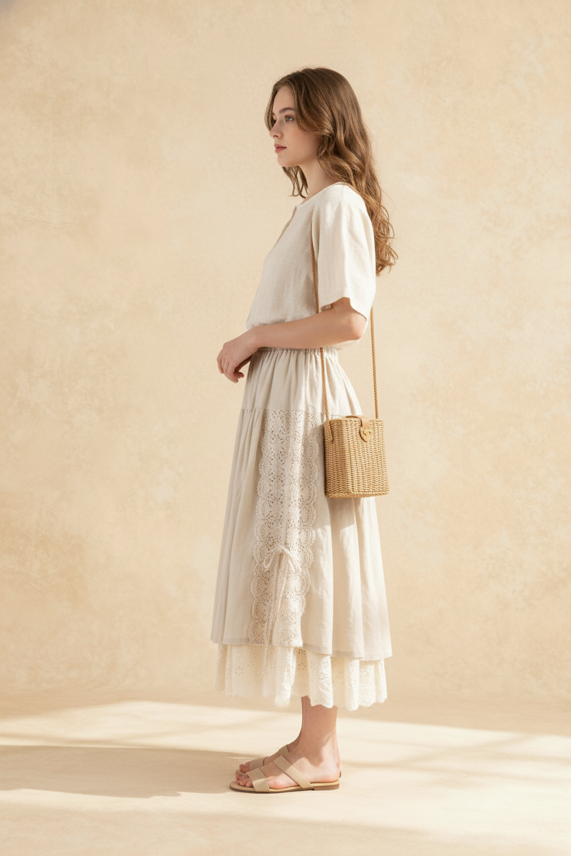 Elastic Waist Tiered Eyelet Lace Panel Side Tie Midi Skirt 3