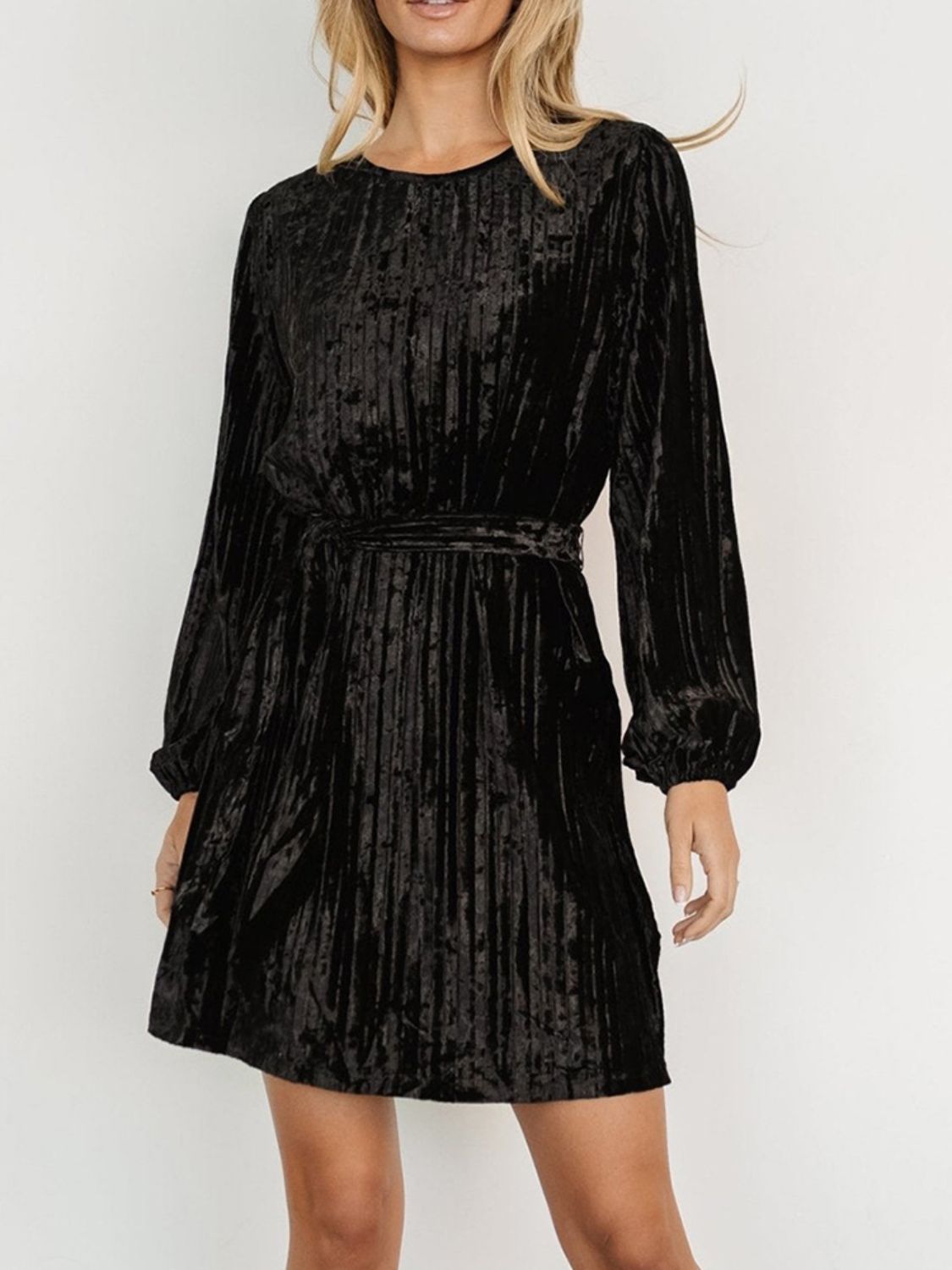 Crushed Velvet Round Neck Long Sleeve Tie Waist Mini Dress 12