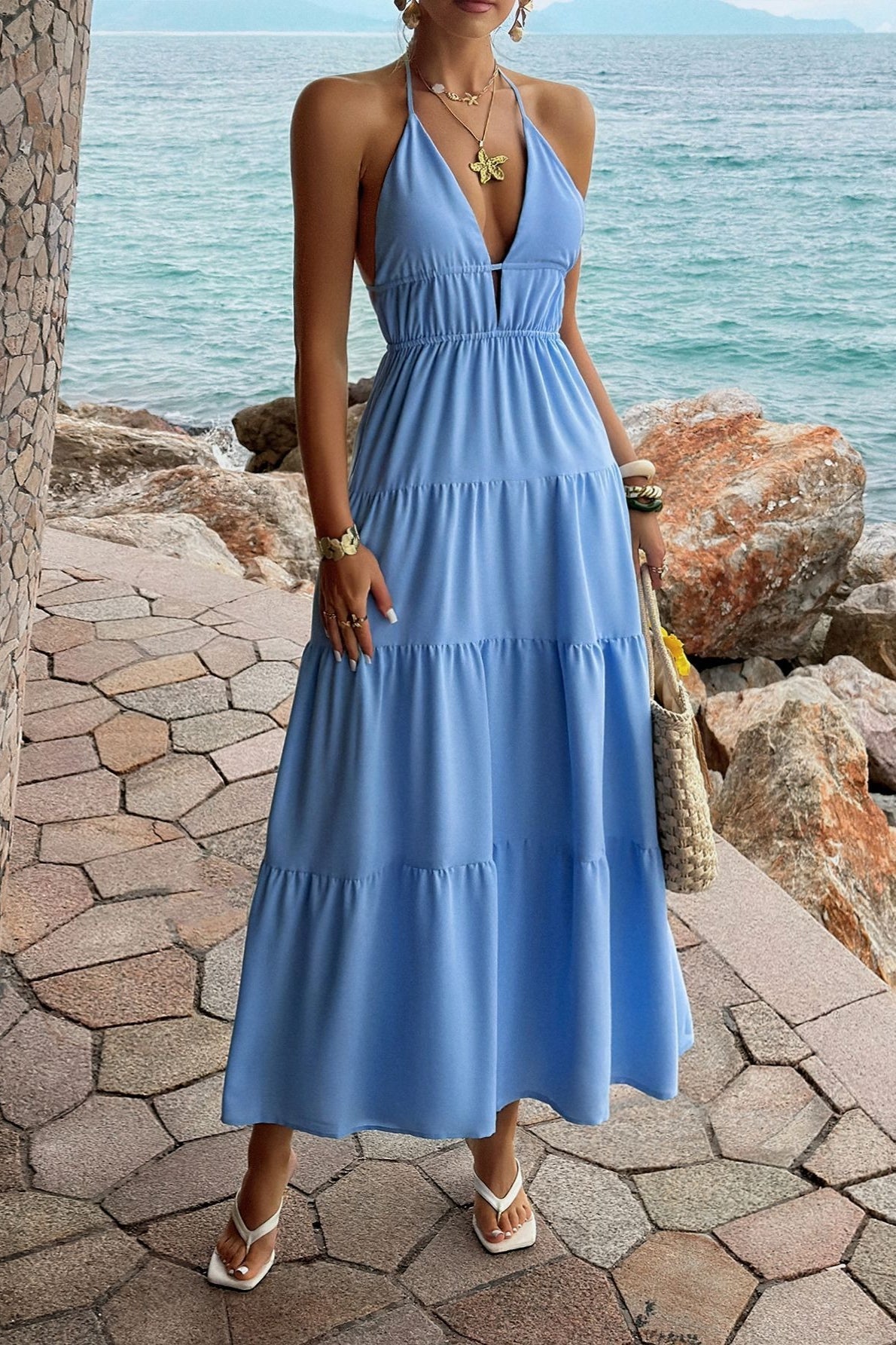Halter Deep V Tiered Vacation Dress