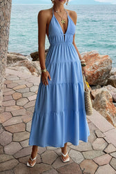 Halter Deep V Tiered Vacation Dress