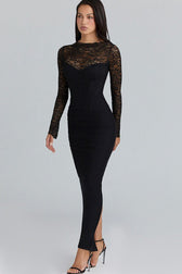 Lace Trim Sheer Mesh Side Slit Fit Floor Lace Dress