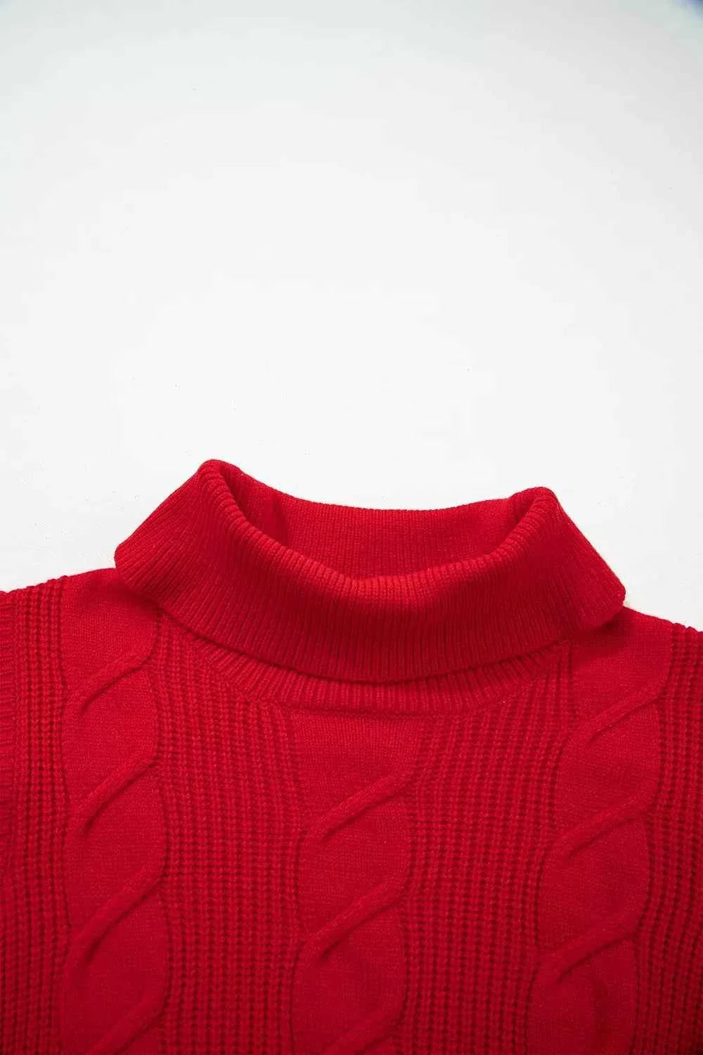 Cable Knit Turtleneck Ruffled Short Sleeve Sweater