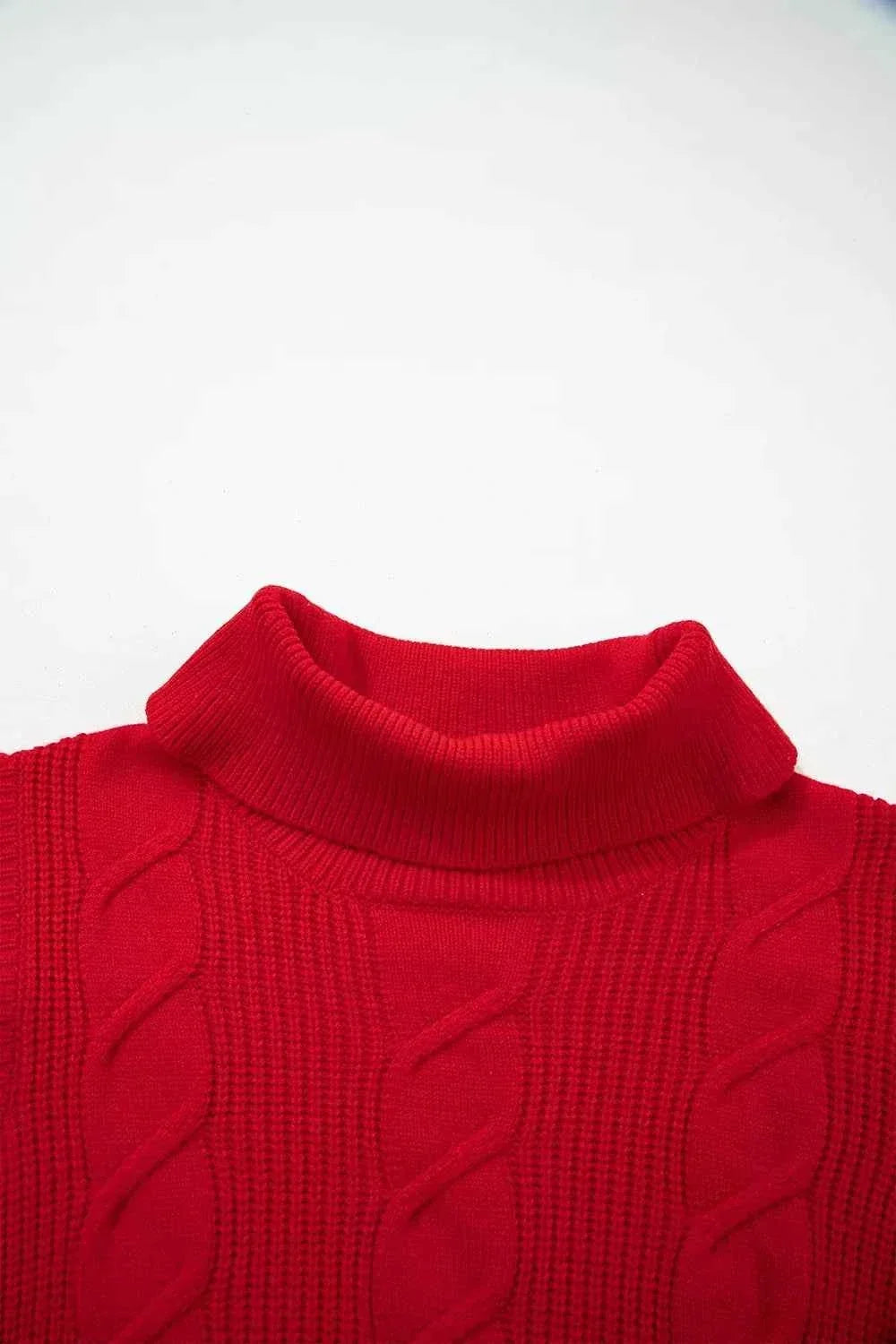 Turtleneck Ruffle Cap Sleeve Cable Knit Sweater 7