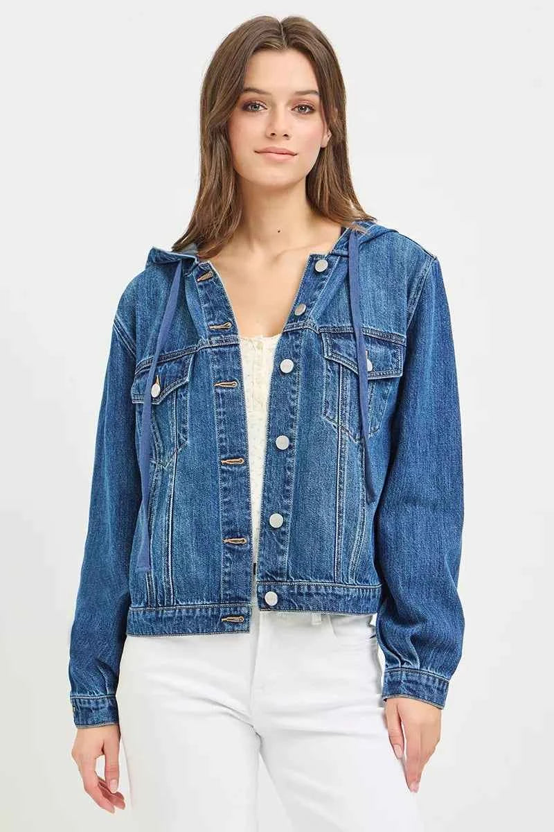 Hooded Drawstring Button Front Chest Pocket Denim Jacket