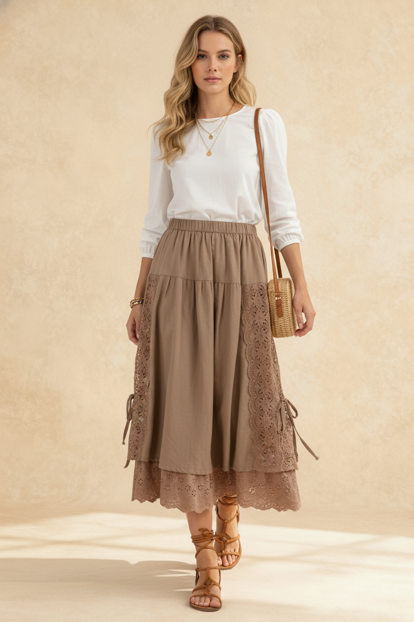 Elastic Waist Tiered Eyelet Lace Panel Side Tie Midi Skirt