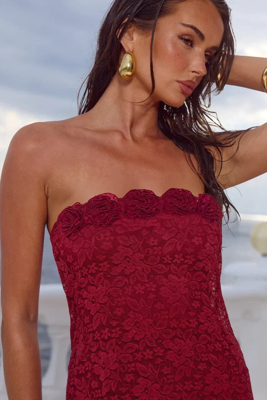 Floral Lace Strapless Scalloped Neckline Column Maxi Dress 4