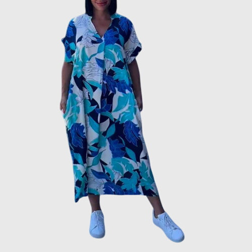 Damask Print V-Neck Short Sleeve Loose Midi Dress