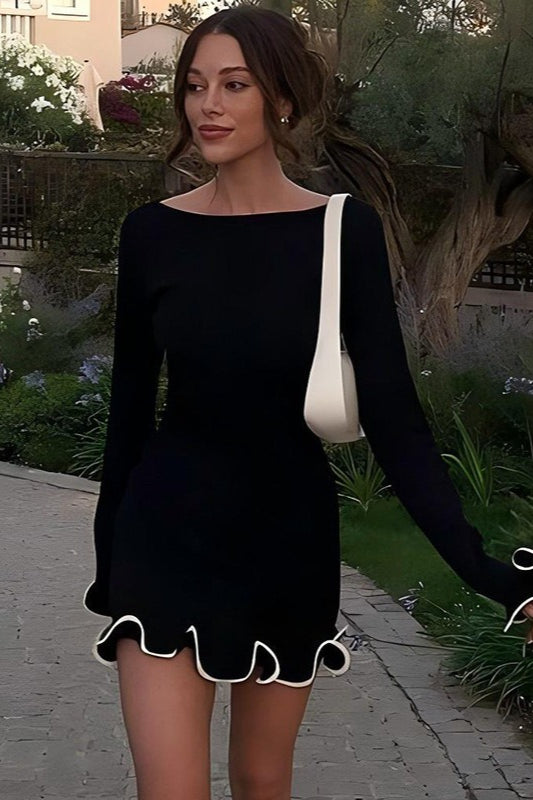 Boat Neck Long Sleeve Contrast Trim Ruffle Cuff Hem Bodycon Mini Cocktail Dress